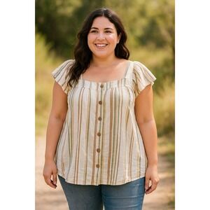 Lapogee Womens 2X Striped‎ Square Neck Button Flutter Sleeve Top Made in India